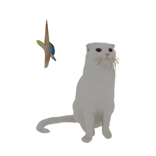 3D model of a white cat with folded ears sitting and looking up at a colorful dangling toy.