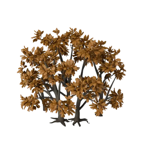Autumn Shrub Group High Poly 3D model, close-up cinematic environment render, showing leaf clusters, terrain detail.