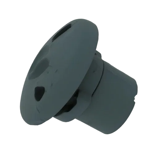 A 3D render of a modern, gray, circular shower head with multiple spray nozzles.