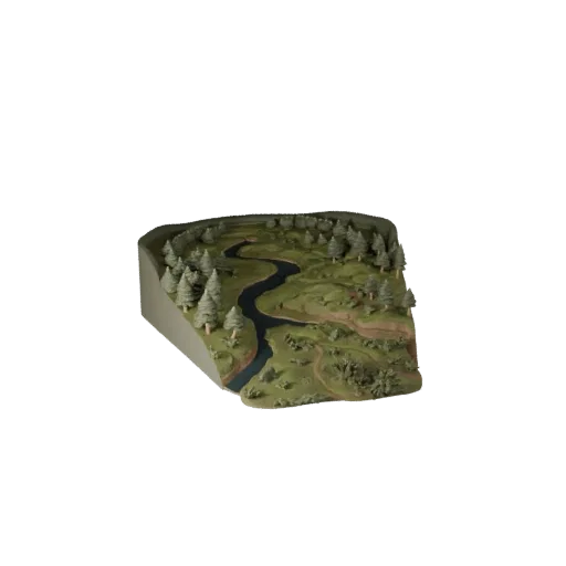 Modelo 3D Realista Bioma Rio Taiga, renderização de ambiente em três quartos, mostrando camadas de terreno, bancos de neve.