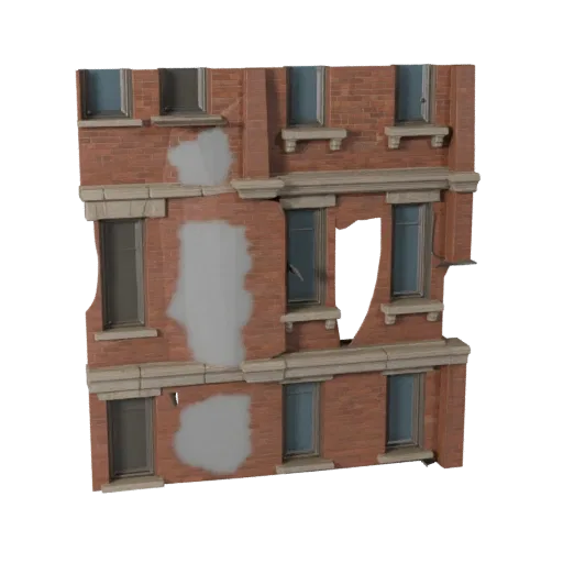 Unity-ready 3D-Modell einer Ziegelfassade, Unity-Engine-Viewport, zeigt Fassadenmaterialien und architektonische Details