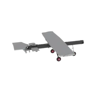 Uma renderização 3D de um drone asa fixa cinza claro com rodas de aro vermelho em seu trem de pouso triciclo, apresentado con