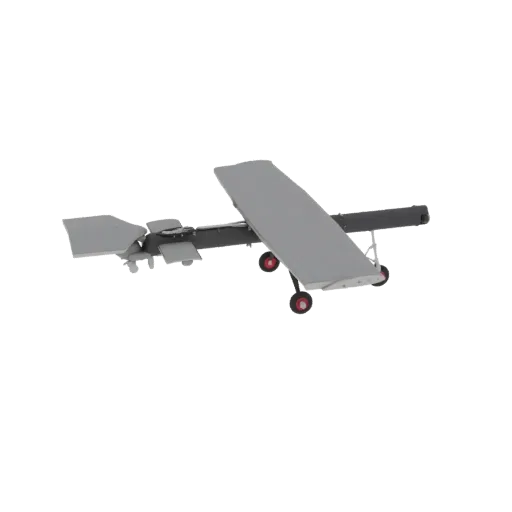 Uma renderização 3D de um drone asa fixa cinza claro com rodas de aro vermelho em seu trem de pouso triciclo, apresentado con