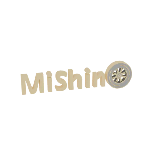 3D model of the 'MiShino' logo, with the letter 'o' replaced by a detailed car wheel, rendered in a light sandy texture.