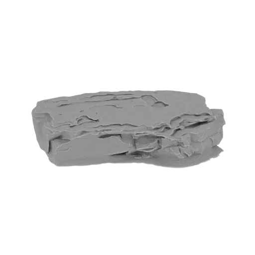 A 3D render of a rough, gray stone block with visible texture and cracks, isolated on a black background.