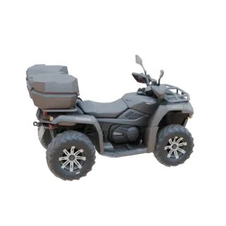Modello 3D di un veicolo all-terrain (ATV) grigio con una grande scatola portaoggetti sul retro, mostrato da una vista latera