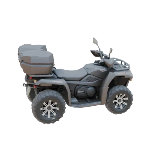 Modello 3D di un veicolo all-terrain (ATV) grigio con una grande scatola portaoggetti sul retro, mostrato da una vista latera