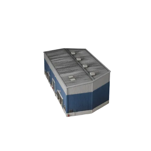 Warehouse high poly 3D model, close-up architectural render view, showing industrial building materials and architectural detail