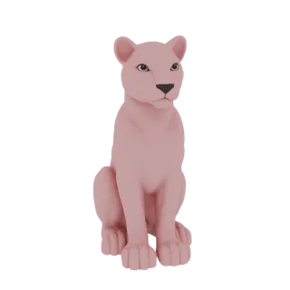Modello 3D di una pantera rosa seduta con le zampe anteriori estese, che guarda leggermente di lato.