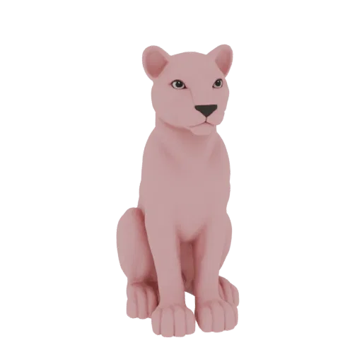 3D-Modell einer sitzenden rosa Pantherin mit ausgestreckten Vorderpfoten, die leicht zur Seite blickt.