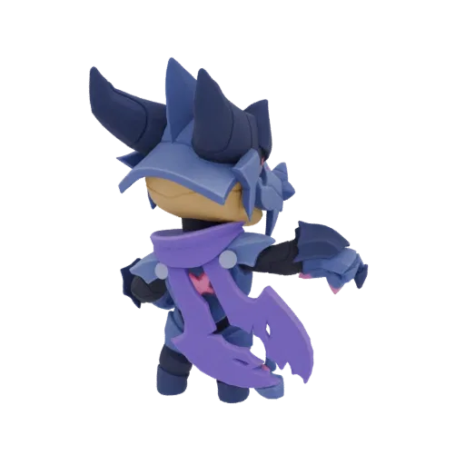 3D model of a chibi dark knight character with blue armor, a purple cape, and horned helmet, viewed from the side.