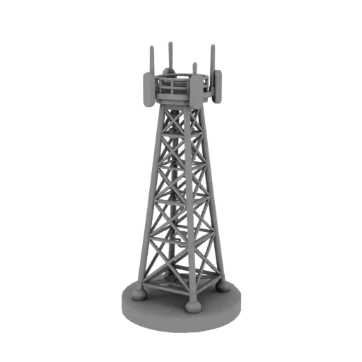 Graues 3D-Modell eines Sendemasts mit Gitterstruktur und Antennen, auf kreisförmiger Basis stehend.
