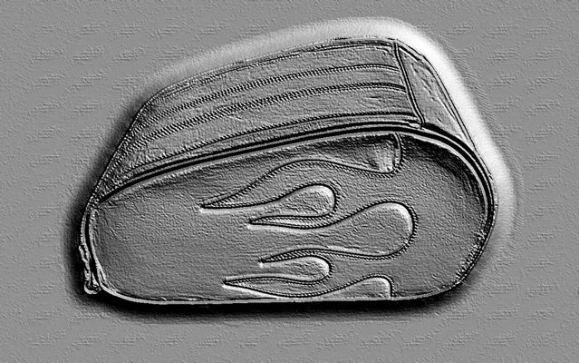 3D model of a gas tank lid bas-relief with a flame pattern, in an engraving style.