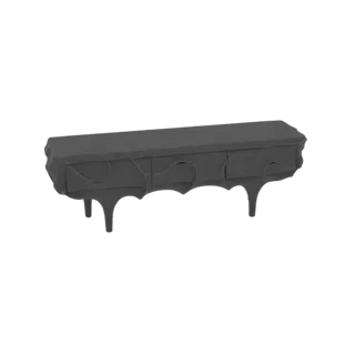 A 3D render of a dark, ornately carved console table with three drawers and decorative, flowing carvings on its apron and leg