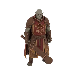 3D model of a grey-skinned Orc Warlock wearing red and brown armor, holding a large carved staff.