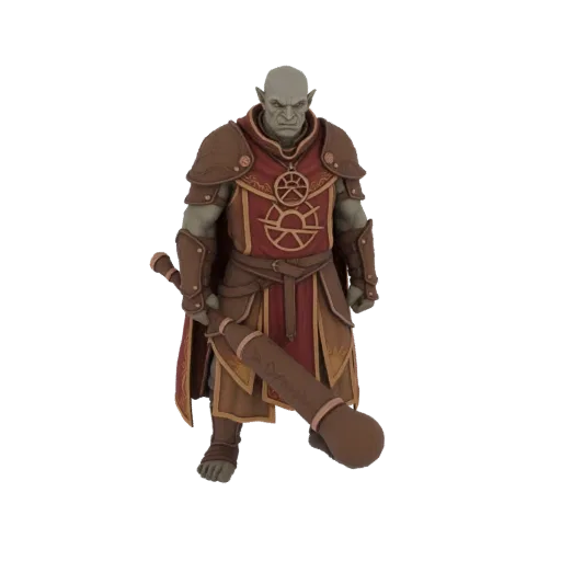 3D model of a grey-skinned Orc Warlock wearing red and brown armor, holding a large carved staff.