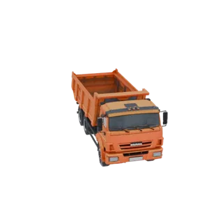 Modèle 3D d'un camion benne orange vif, benne légèrement relevée, vu sous un angle de trois quarts avant sur fond blanc.