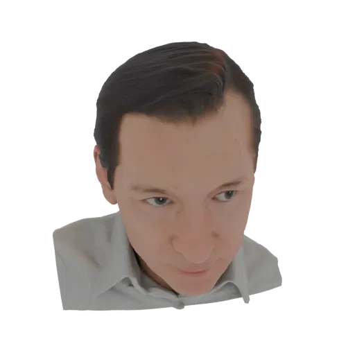 Modello 3D di un uomo dai capelli scuri, che guarda leggermente di lato, con una camicia polo azzurra.