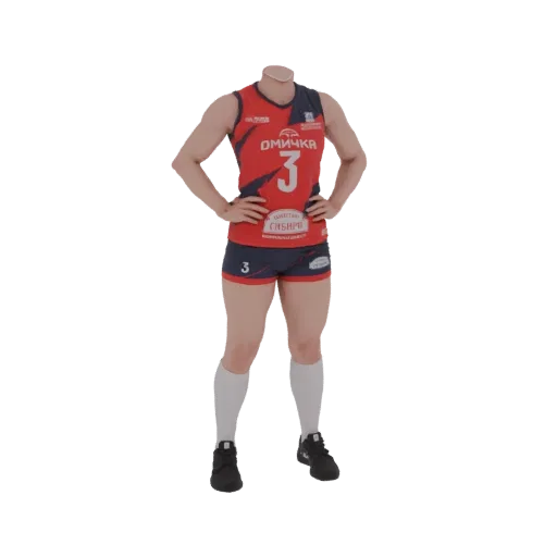 3D model of a female volleyball player in a red and blue uniform, standing with hands on hips.