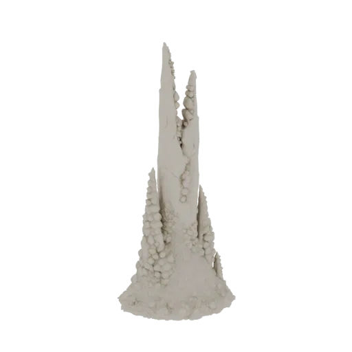 3D model of a tall, slender alien spire with sharp, crystalline growths emerging from its surface, set against a white backgr