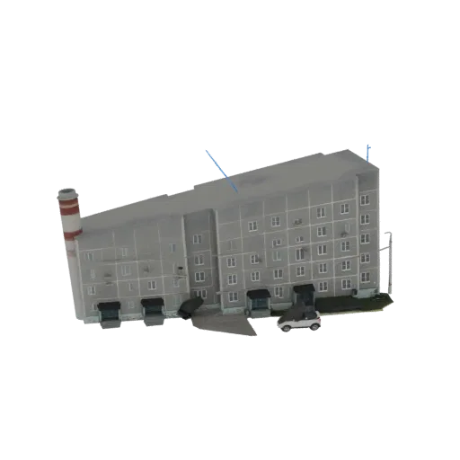 Modelo 3D de un edificio de apartamentos gris de varios pisos de la era soviética con una chimenea a rayas rojas y blancas a