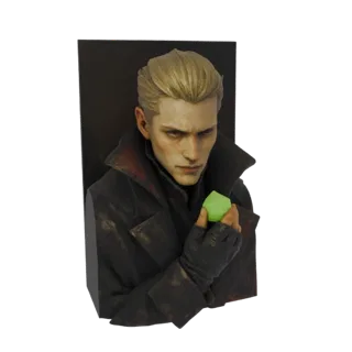 3D model bust of Albert Wesker in a black trench coat, holding a glowing green gem in his gloved hand.