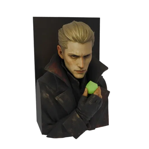 3D model bust of Albert Wesker in a black trench coat, holding a glowing green gem in his gloved hand.