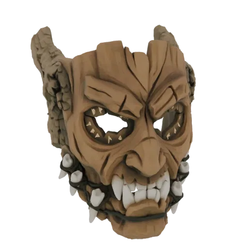 Modello 3D di una maschera demone tribale con texture legno invecchiato, zanne affilate e protuberanze simili a corna.