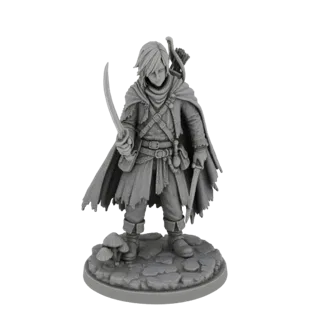 3D-Modell eines Fantasy-Waldläufer-Charakters mit Krummsäbel und Bogen, trägt einen zerrissenen Umhang, steht auf einem felsi