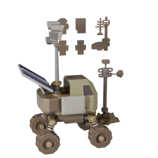 Probennehmer Sammler Low-Poly-3D-Modell, Spiel-Viewport-Dreiviertelansicht, mit staubigen Rädern, Fahrzeug-Haltung.