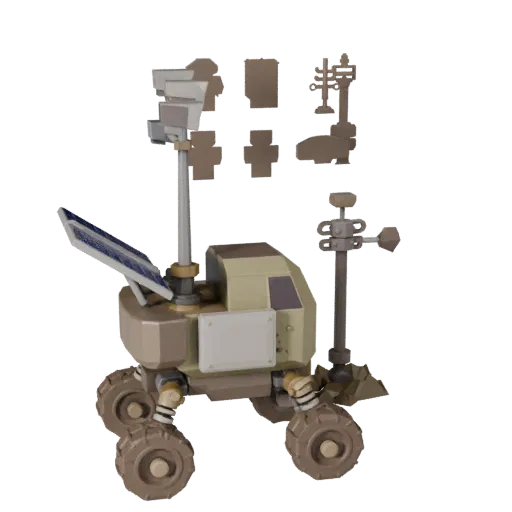 Prospector Sample Collector Low Poly 3D model, game viewport three-quarter view, showing dusty wheels, vehicle stance.