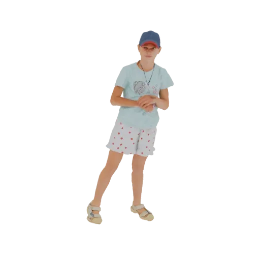 3D model of a young girl wearing a blue cap, light blue t-shirt, and white shorts with red strawberries, standing casually.