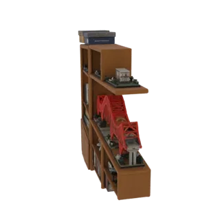 3D model of a miniature red suspension bridge on a bookshelf diorama, showing intricate details and vibrant colors.