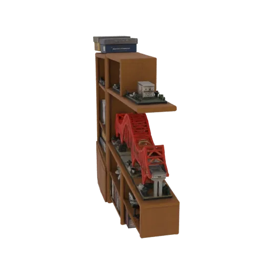 3D model of a miniature red suspension bridge on a bookshelf diorama, showing intricate details and vibrant colors.