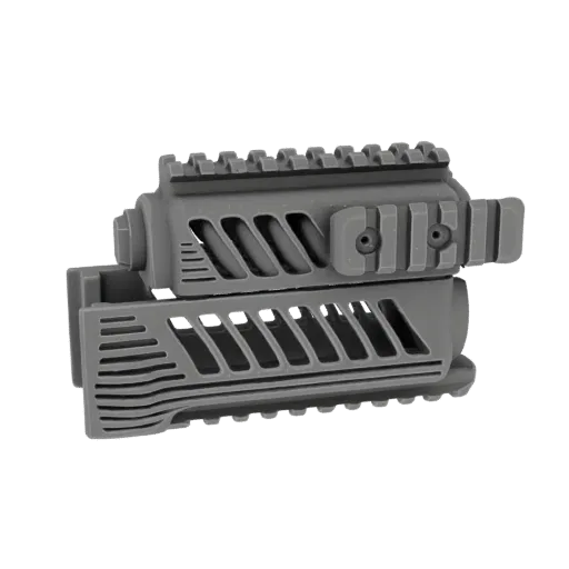 3D model of a grey tactical foregrip with a top rail and ventilation slots, isolated on a black background.