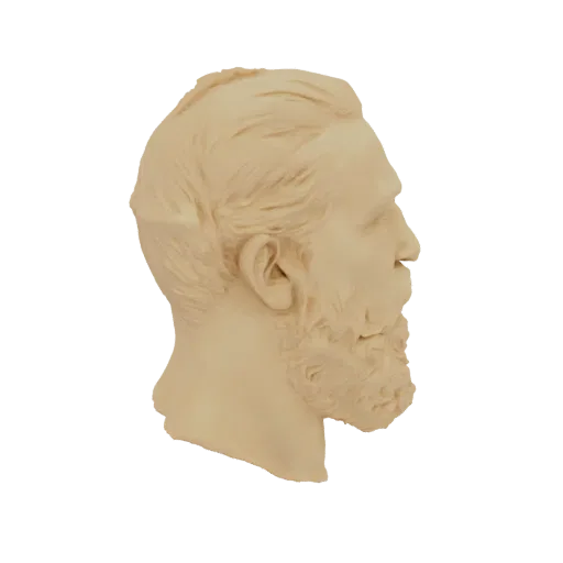 Side profile 3D model of a bust of Kaiser Wilhelm II, featuring his distinctive beard and hairstyle, presented on a white bac