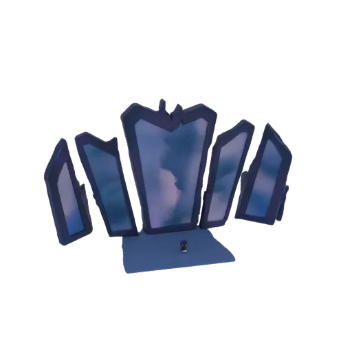 3D model of an ornate crystal crown with angular panels reflecting a cloudy sky, set on a blue base.