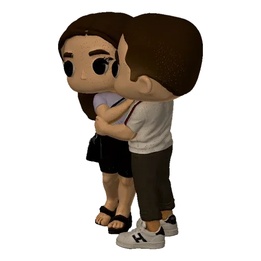 A 3D model of a romantic couple hugging, styled like Funko Pop figures, with the male figure kissing the female's cheek.