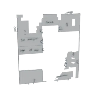 Modelo 3D de esboço de planta baixa feito à mão com anotações manuscritas e divisões de cômodos.