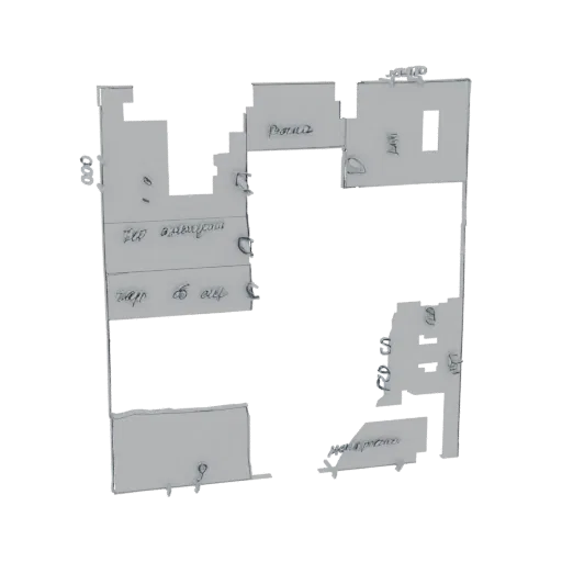 3D model of a hand-drawn floor plan sketch with handwritten notes and room divisions.
