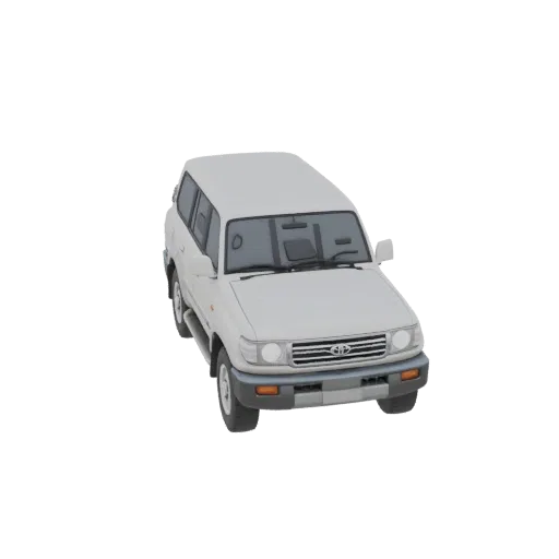A 3D render of a white Toyota Land Cruiser 100 SUV, viewed from a slightly elevated front-right angle against a black backgro