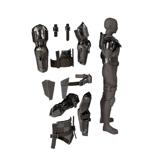Tactical Arm Guard Low Poly 3D model, game viewport three-quarter view, showing metal plates, form detail.