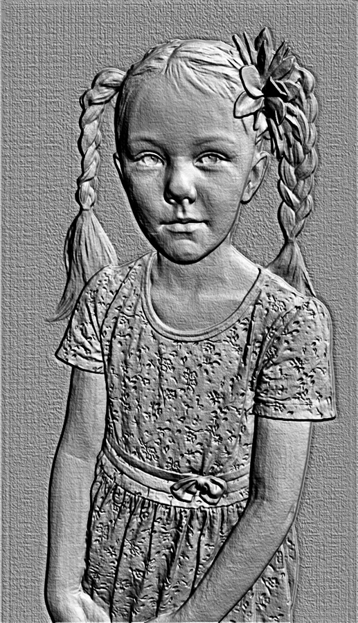 3D model of a girl with two braids and a flower in her hair bas-relief, rendered in gray.