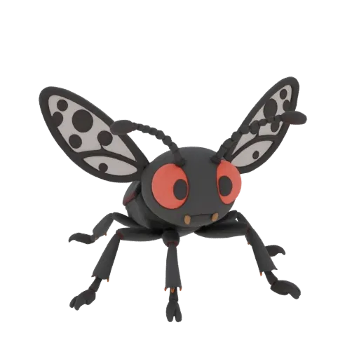 3D-Modell eines Cartoon-Schwarzkäfers mit roten Augen und gefleckten Flügeln, der auf sechs Beinen steht.