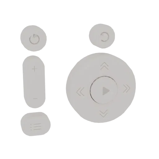 A 3D render of minimalist remote control buttons including power, volume, menu, play, and directional arrow buttons.