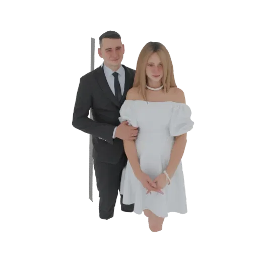 3D model of a man in a suit and a woman in a white dress standing together, looking elegant.