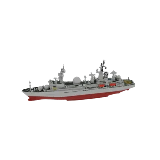 Modello 3D di un cacciatorpediniere missilistico moderno con scafo grigio, linea di galleggiamento rossa e prominenti sistemi