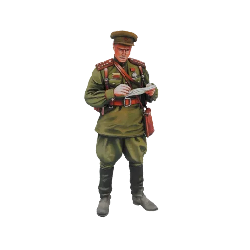 3D-Modell eines sowjetischen Offiziers in Uniform, der steht und ein Dokument mit konzentriertem Ausdruck liest.