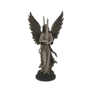 3D model of a grey stone statue of an angelic warrior with large wings, holding two swords crossed in front, standing on a ci