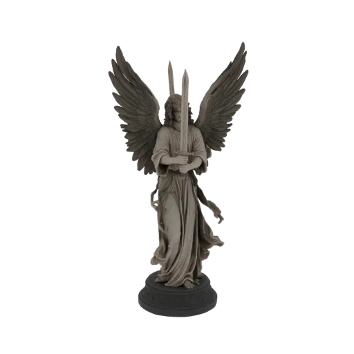 3D model of a grey stone statue of an angelic warrior with large wings, holding two swords crossed in front, standing on a ci